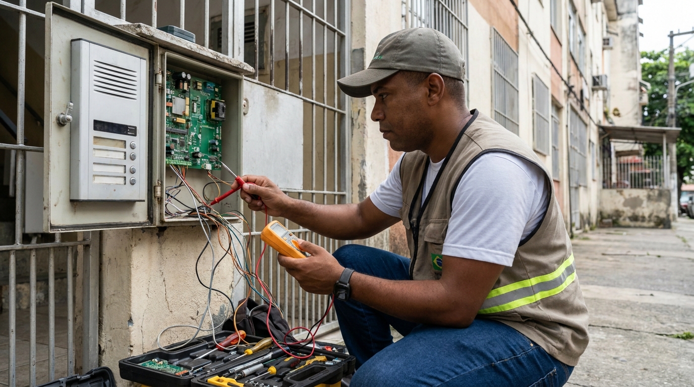 Eletricista consertando interfone em Palhoça‑SC