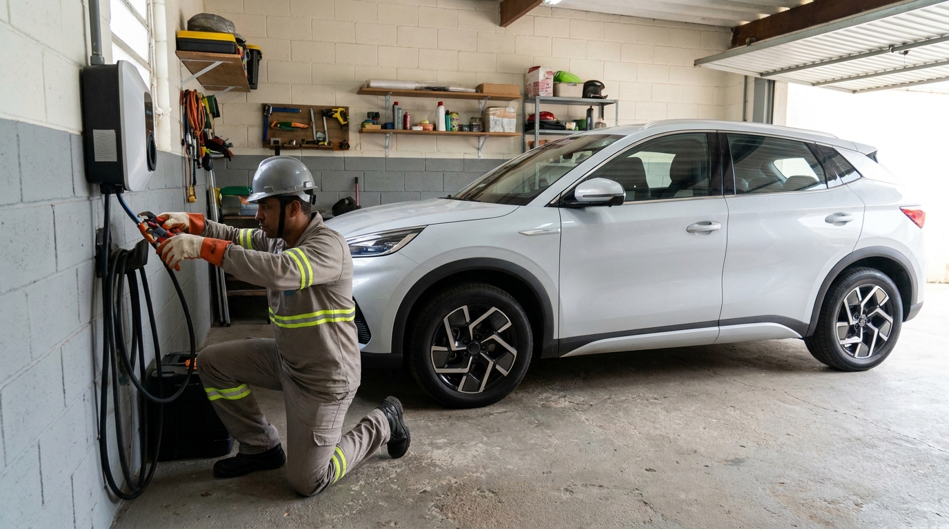 Eletricista instalando carregador de carro eletrico em Palhoça‑SC
