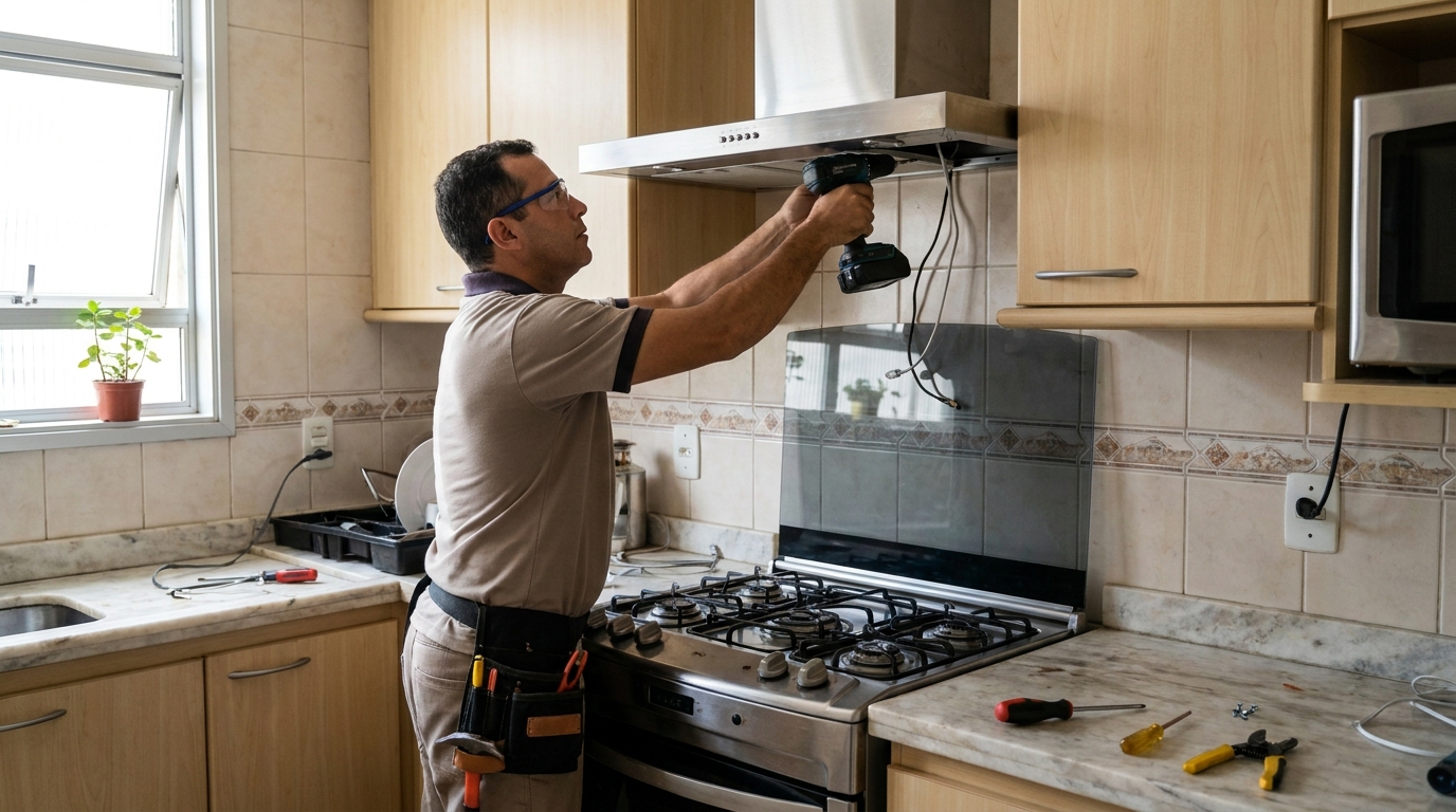 Eletricista instalando coifa em Palhoça‑SC