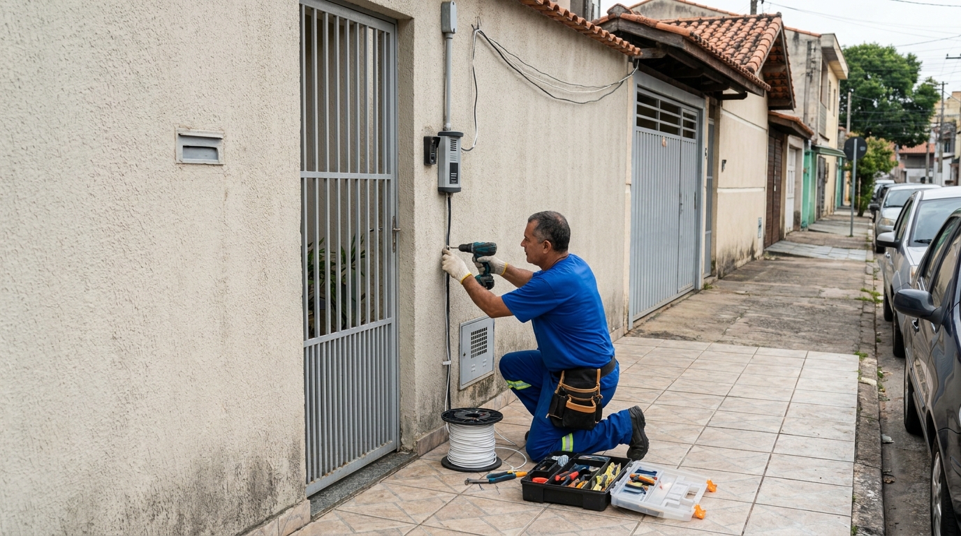 Eletricista instalando interfone em Palhoça‑SC