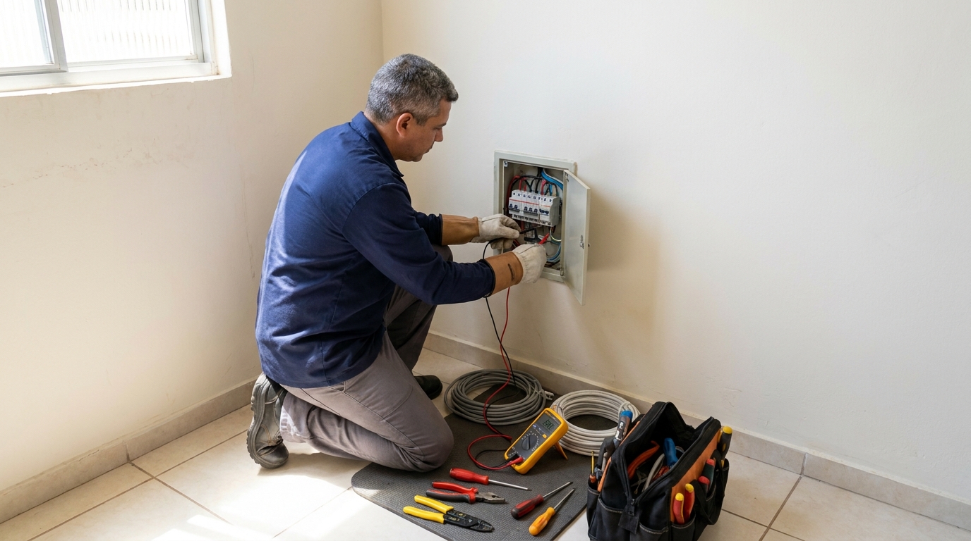Eletricista realizando manutencao em Palhoça‑SC